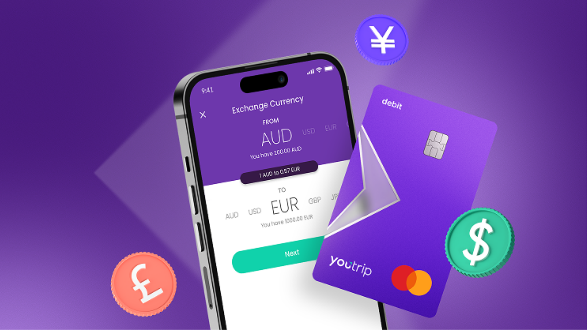 YouTrip app converting AUD to EUR, with the purple YouTrip debit Mastercard and currency symbols