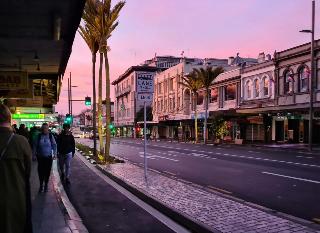 Shops and palm trees along Ponsonby Road, Auckland, at dusk