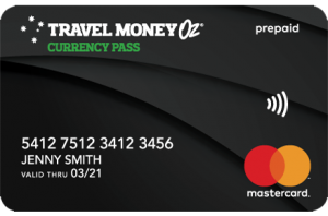 Travel Money Oz Currency Pass, a black prepaid Mastercard travel money card