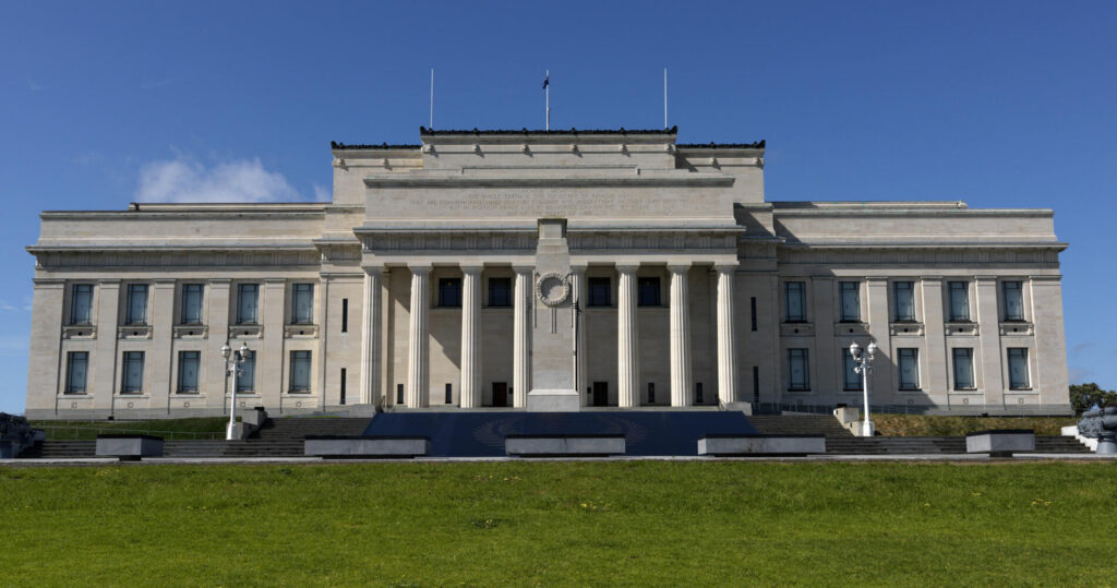 The neoclassical columned facade of the Auckland War Memorial Museum