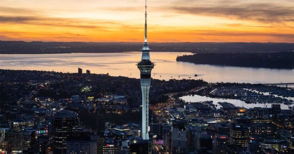 Auckland's Sky Tower lit up at sunset above the city and Waitemata Harbour