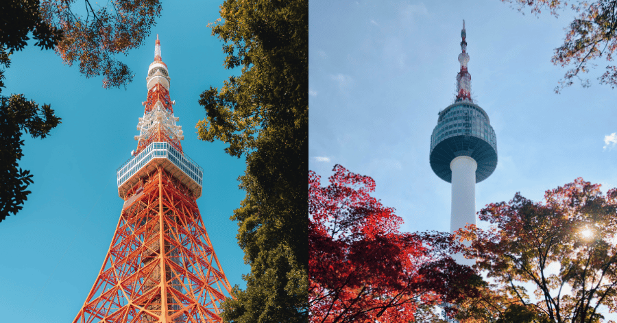 Split image of Tokyo Tower and Seoul's N Seoul Tower with autumn leaves