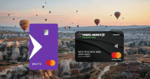 Purple YouTrip Mastercard and black Travel Money Oz Currency Pass over hot-air balloons above a city
