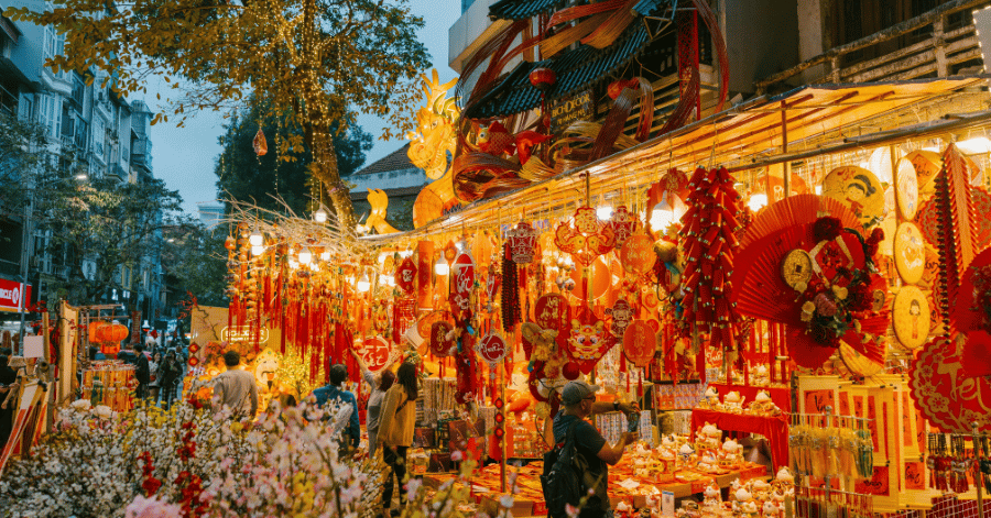 Street stall packed with red lanterns and festive decorations ahead of Tet