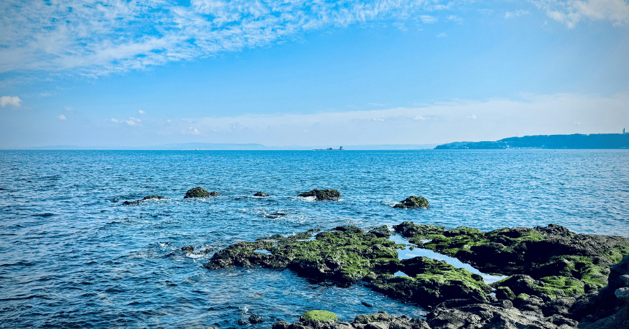 Calm clear blue sea with dark rocks in the foreground under a bright sky