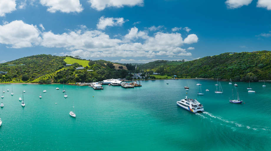 Aerial view of Waiheke Island's Matiatia Bay, ferry terminal and moored yachts