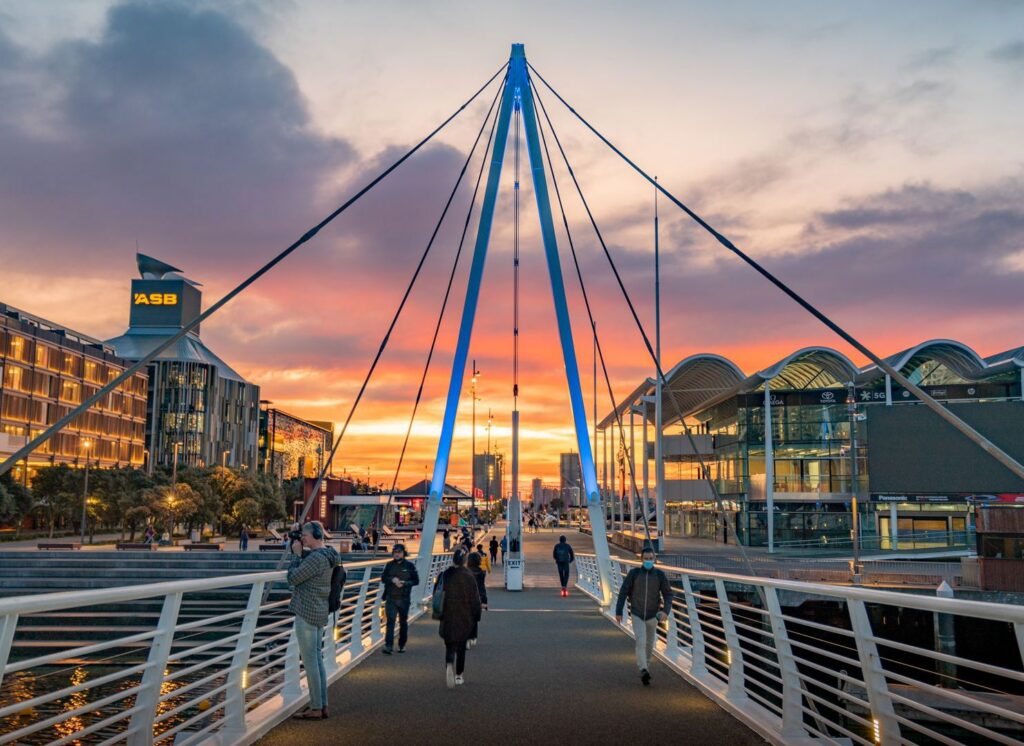 Wynyard Quarter waterfront and marina at sunset in Auckland