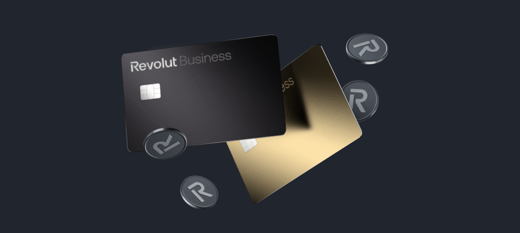 Revolut Business cards in black and gold with floating Revolut coins