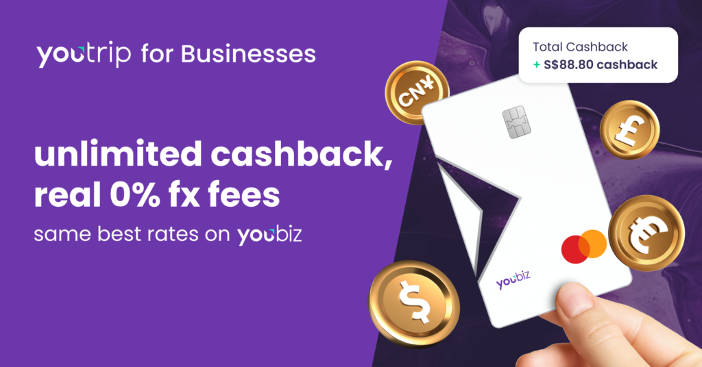 YouBiz banner: unlimited cashback and real 0% FX fees, with a YouBiz card and currency coins