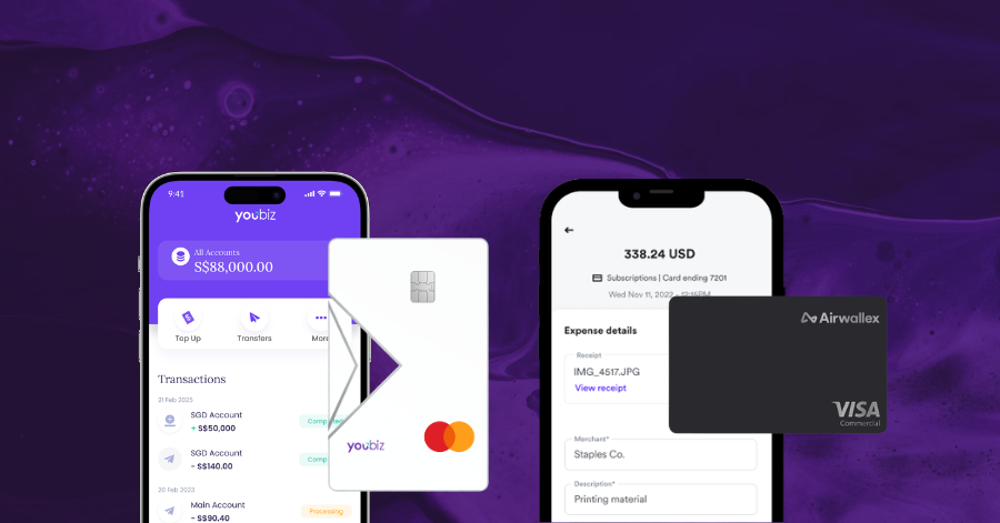 YouBiz app and white Mastercard beside the Airwallex app and black Visa Business card