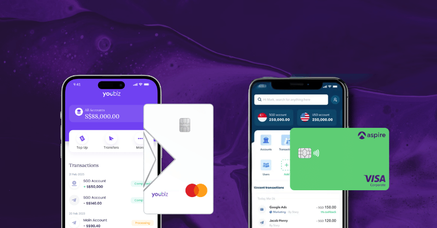 YouBiz and Aspire apps side by side, with a white YouBiz Mastercard and a green Aspire Visa corporate card