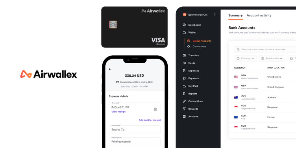 Airwallex Visa Business card, mobile expense screen and multi-currency Global Accounts dashboard