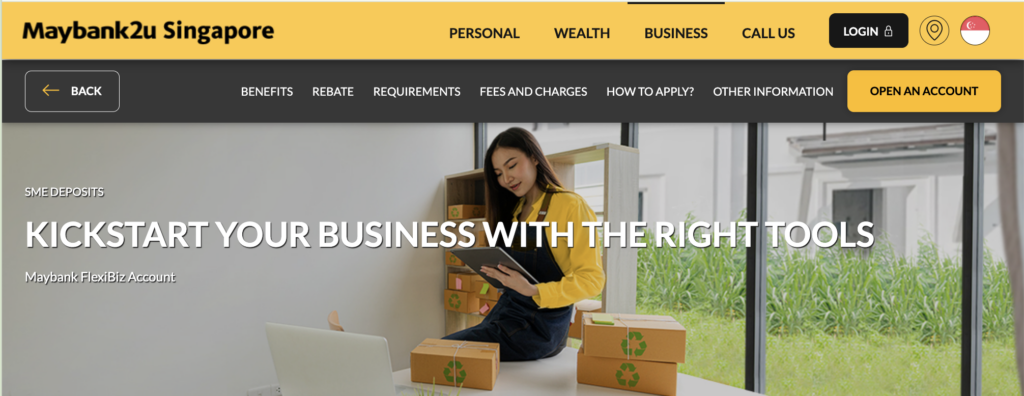 Maybank2u Singapore FlexiBiz Account page headlined Kickstart Your Business With The Right Tools