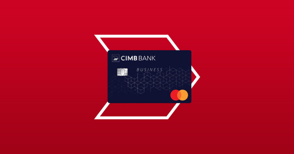 CIMB Bank Business Mastercard, a dark navy card, on a red background