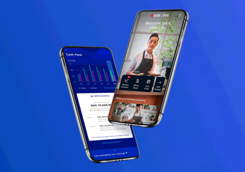 UOB SME mobile banking app on two phones, showing cash flow and a business account summary