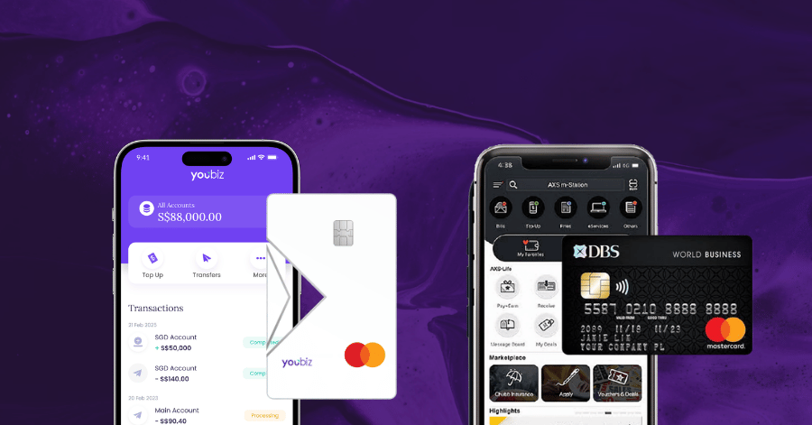 YouBiz app and card beside a DBS World Business Card in the AXS app, on a purple background