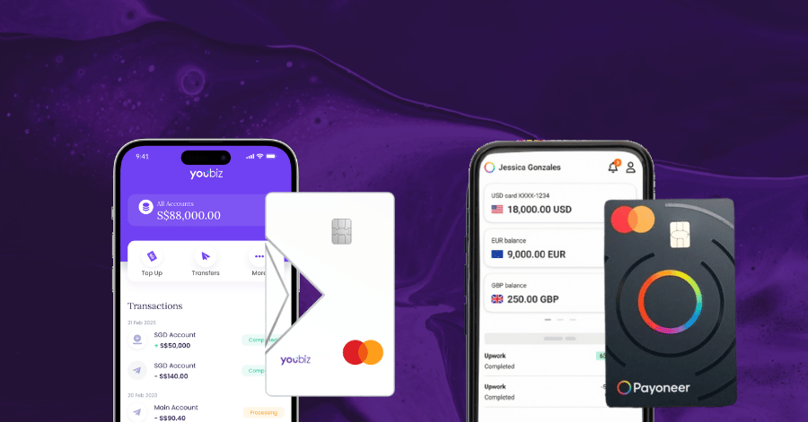 YouBiz and Payoneer mobile apps side by side, each with its Mastercard, showing account balances and transactions
