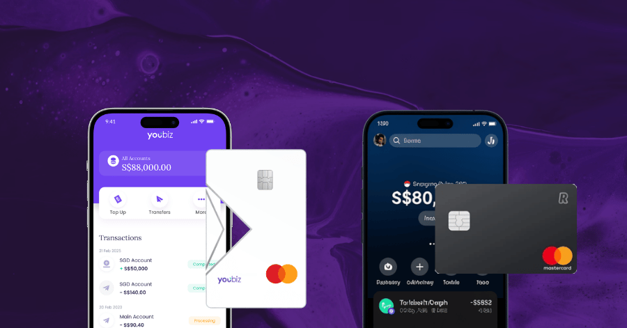YouBiz app and white card beside the Revolut Business app and black card