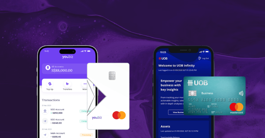 YouBiz app and card beside the UOB Infinity app and a UOB business card, comparing the two