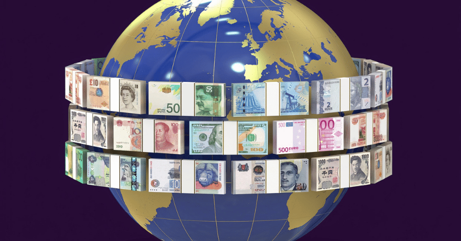 A world globe encircled by rings of banknotes from many countries, representing cross-border money transfers