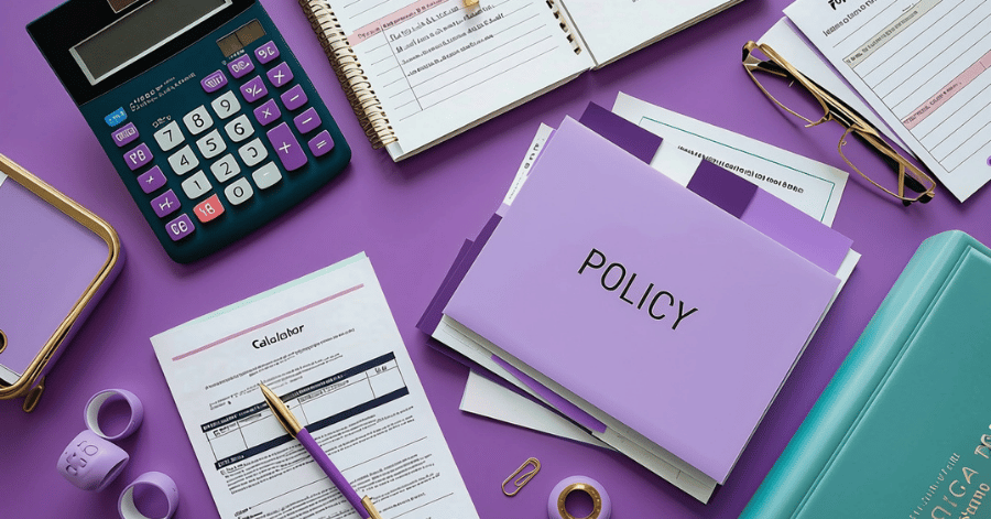 Purple folder labelled 'Policy' beside a calculator, business forms, a notebook and glasses on a desk