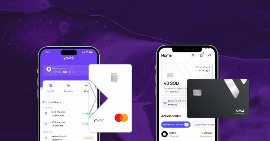 YouBiz app and Mastercard beside the Volopay app and Visa corporate card