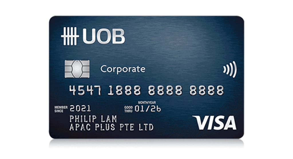 Dark navy UOB Corporate Card on the Visa network with chip and contactless symbol