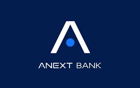 ANEXT Bank logo, a white letter A with a blue dot on a dark navy background