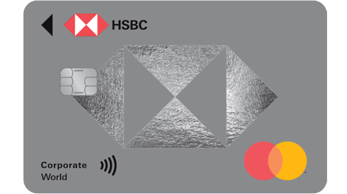 HSBC World Corporate Mastercard, a grey card with silver foil triangle design and contactless symbol