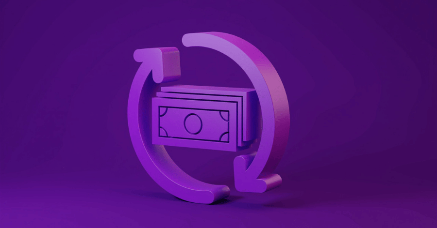 Banknotes encircled by two arrows forming a loop, a 3D illustration of a payment being reversed