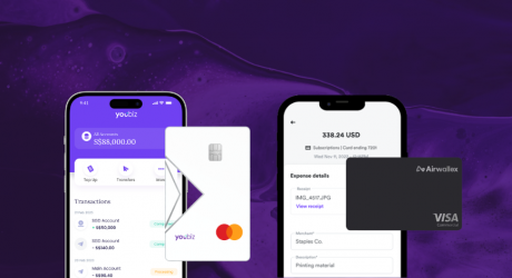 YouBiz app and white Mastercard beside the Airwallex app and black Visa Business card