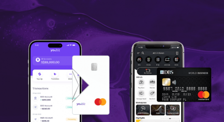 YouBiz app and card beside a DBS World Business Card in the AXS app, on a purple background