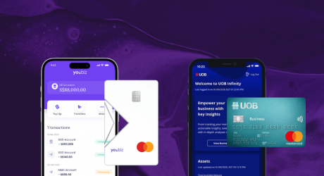 YouBiz app and card beside the UOB Infinity app and a UOB business card, comparing the two