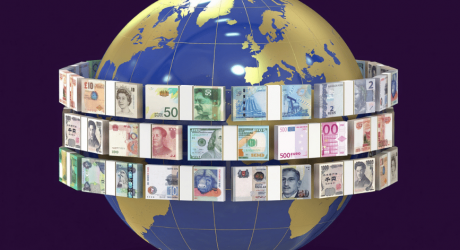 A world globe encircled by rings of banknotes from many countries, representing cross-border money transfers