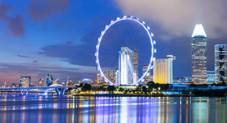 The Singapore Flyer observation wheel lit up at dusk, with the Marina Bay skyline reflected on the water