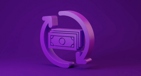 Banknotes encircled by two arrows forming a loop, a 3D illustration of a payment being reversed