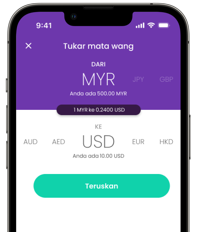 Skrin pertukaran mata wang aplikasi YouTrip daripada MYR kepada USD