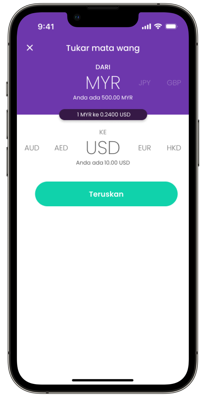 Skrin pertukaran mata wang aplikasi YouTrip daripada MYR kepada USD