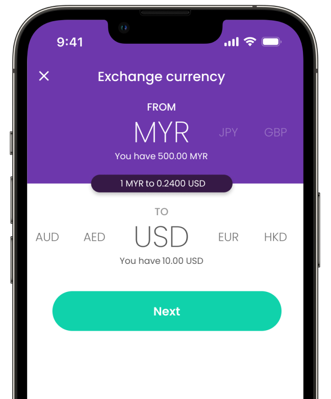 YouTrip app currency exchange screen showing MYR to USD
