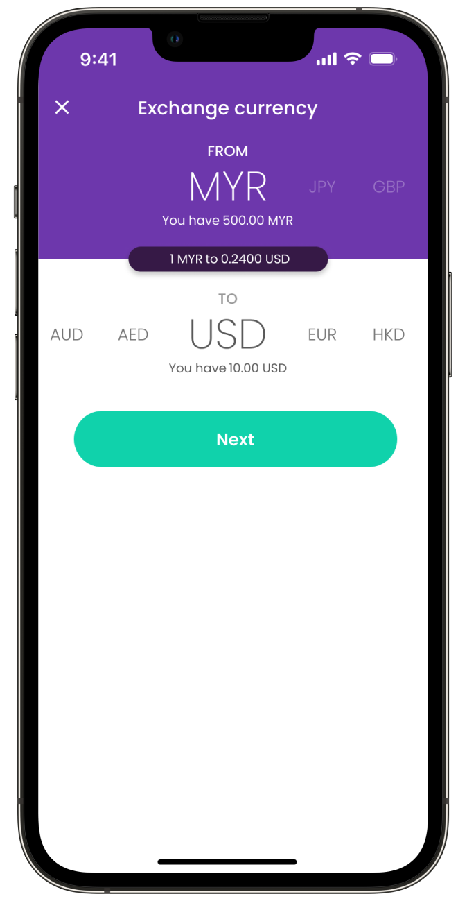 YouTrip app currency exchange screen showing MYR to USD