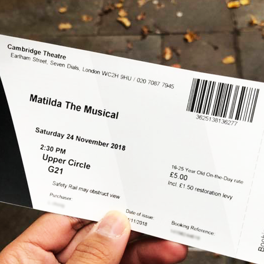 "Always check lotteries for shows/musicals around the world (esp in London). Queued for a £5 ticket for Matilda The Musical!"