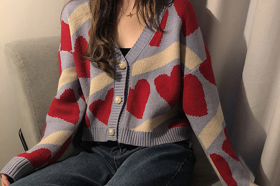 '90s Autumn Fashion Vintage Colour-Block Heart V-Neck Cropped Cardigan