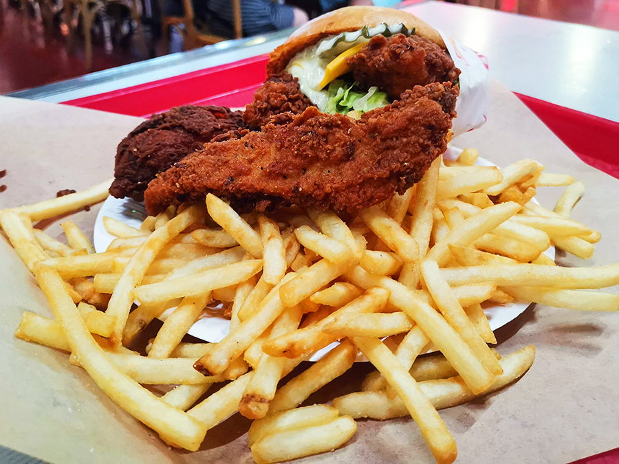 hoodburger chicken sandwich and fries