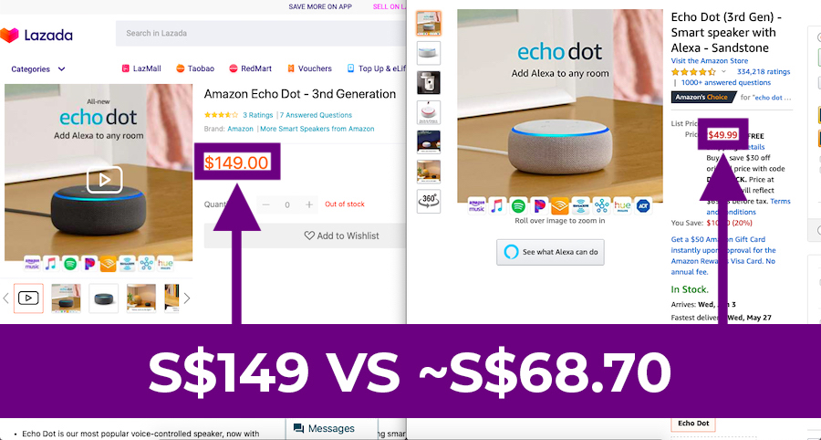 amazon echo dot prices: lazada sg vs amazon us