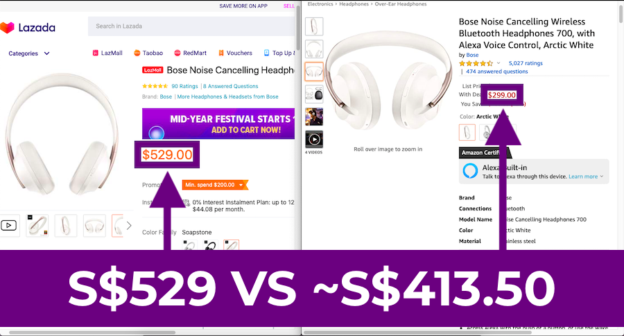 Bose Noise Cancelling Wireless Bluetooth Headphones 700: Lazada SG vs Amazon US
