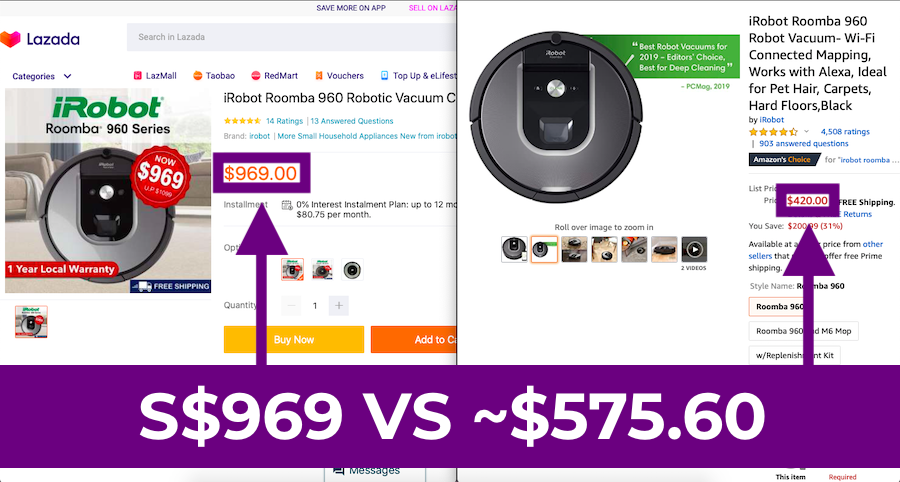 Roomba Robot Vacuum Cleaner: Lazada SG vs Amazon US Prices