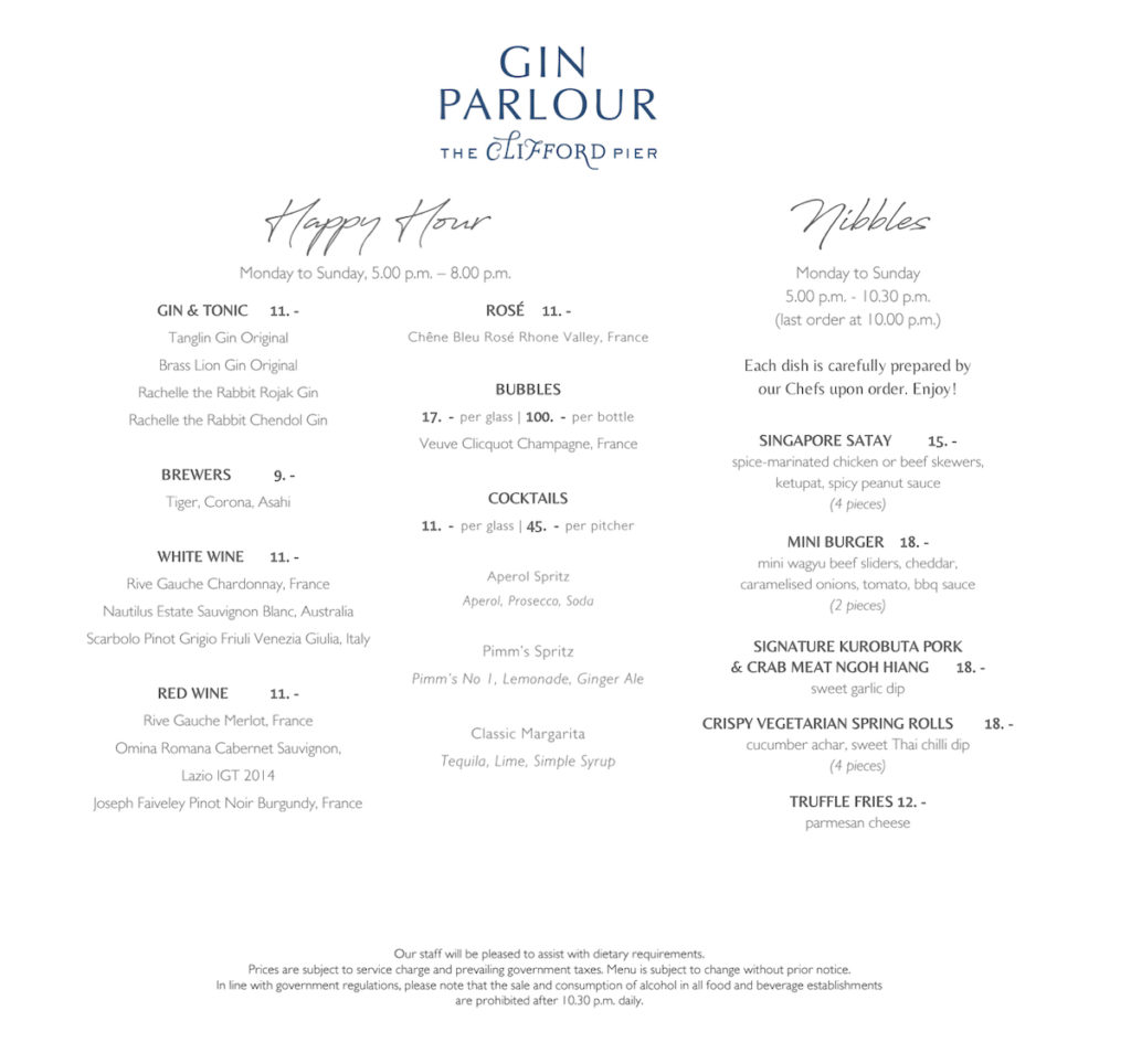 Gin Parlour Clifford Pier Menu