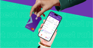 A hand holding a phone with the YouTrip app wallet open beside the purple YouTrip Mastercard