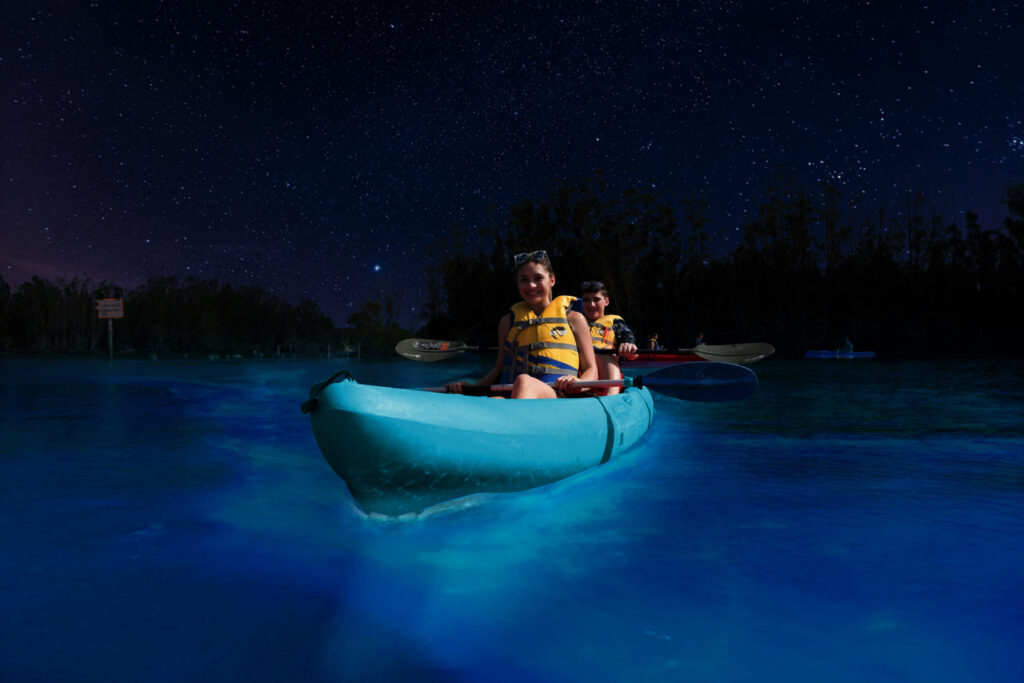 Two people kayaking on glowing blue bioluminescent water under a starry sky in Florida