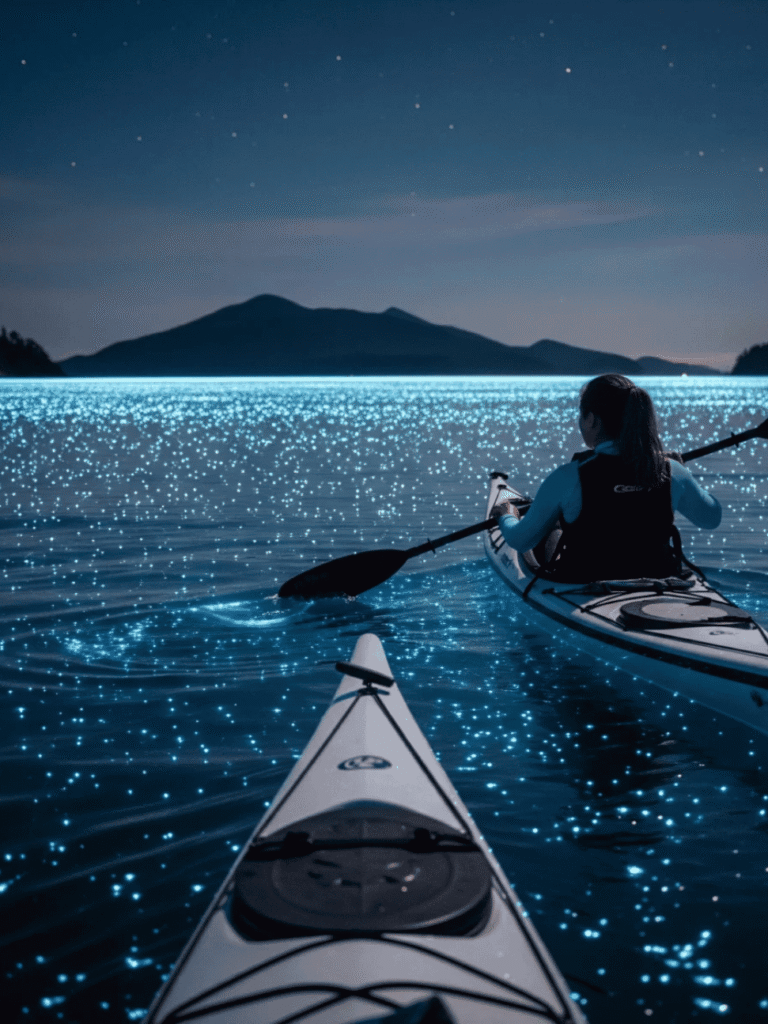 Kayaker paddling across a starlit bay with glowing blue bioluminescent water